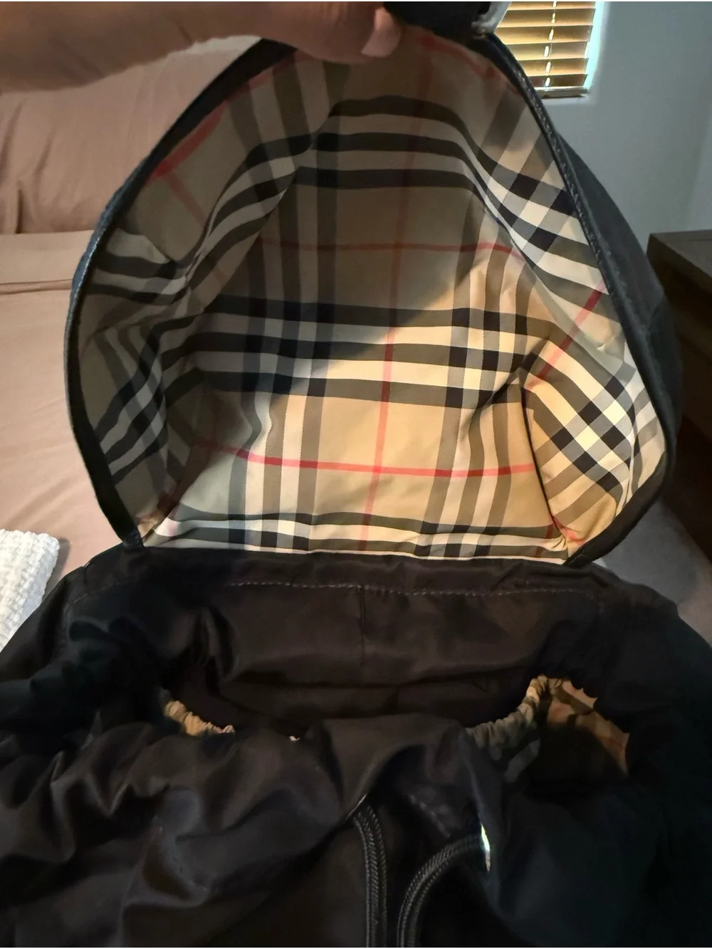 AUTHENTIC Burberry Diaper Bag Backpack. With Black nylon and leather trim.